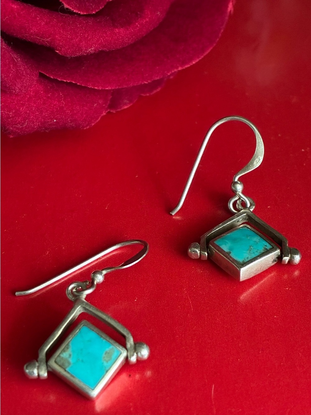 925 Sterling Silver Turquoise Drop Earrings - Blue Turquoise - Picture 4 of 6
